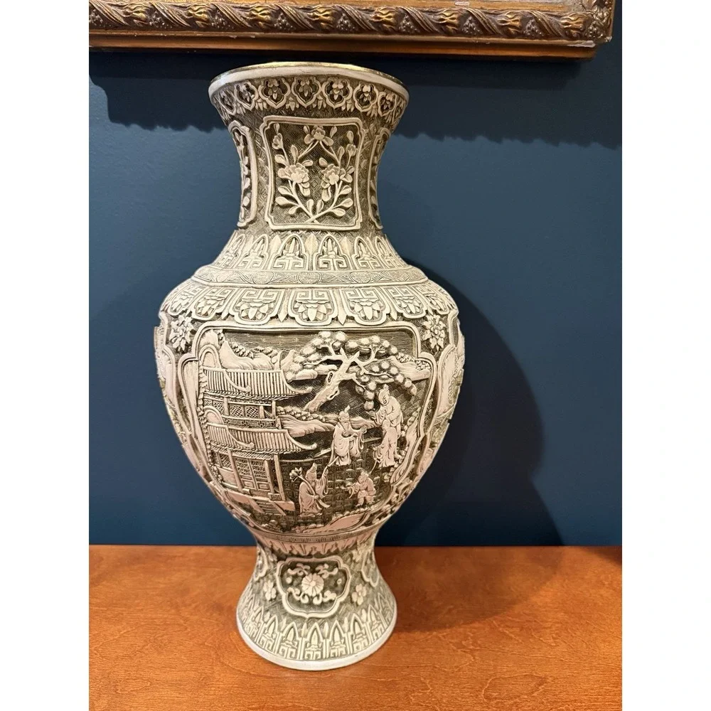 Vintage Off White Chinese Story Vase Carved Plaster Flower Urn 18.25